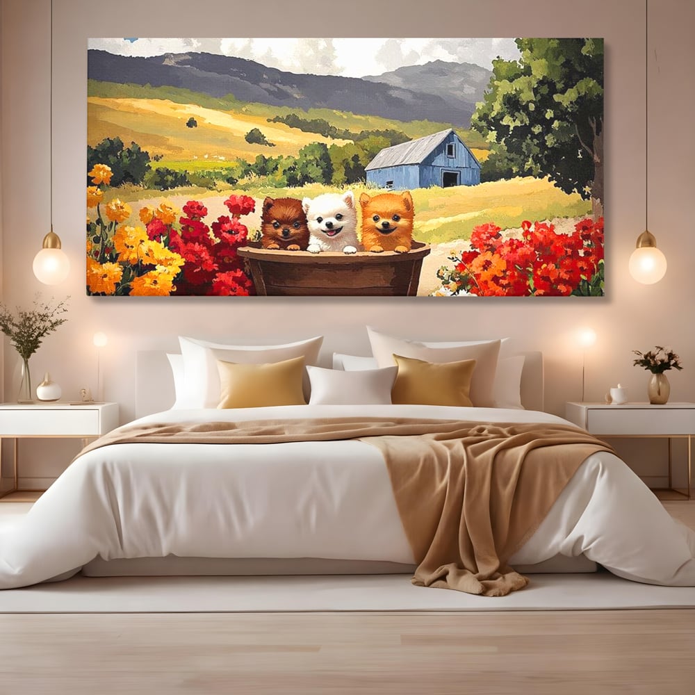Tablou canvas cu pictura cu trei catelusi in butoi, fara rama, pe sasiu de lemn, pe perete intr-un dormitor